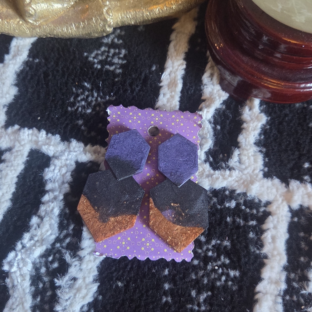 🔥3 For $15 Handmade Hexagon Purple, Bronze Black Resin Earrings